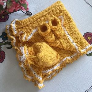 Handmade Yellow Baby Blanket with Matching Booties and Hat